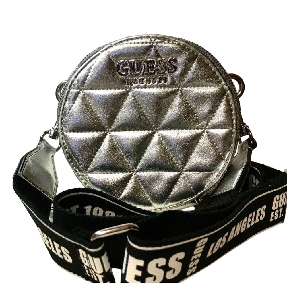 Guess Laiken Mini Round Crossbody Bag Quilted Metallic Design adjustable strap